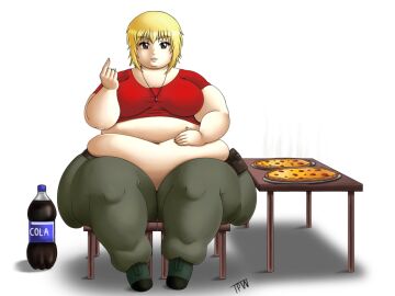 1girls bbw big_belly blonde_hair cagalli_yula_athha capri_pants chair cola female gundam_seed obese obesity pizza smile tagme thepervertwithin thick_thighs
