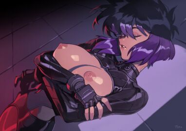 1female 1girls 2d 2d_(artwork) 2d_artwork areola areolae breasts breasts_out closed_eyes female female_focus female_only ghost_in_the_shell kusanagi_motoko large_breasts medium_hair nipples no_bra optionaltypo pressing_breasts pressing_breasts_together purple_hair shiny shiny_skin skin_tight skinsuit