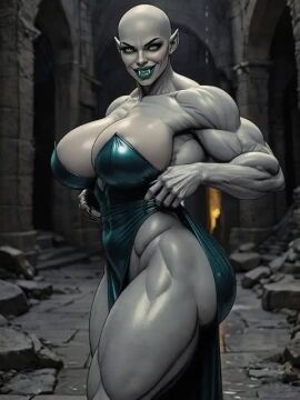 1girls ai ai_generated animated ass bald breasts claws dialogue dress fangs female female_only flaunting green_eyes grey-skinned_female happy huge_breasts indoors large_ass large_thighs lipstick looking_at_viewer muscular muscular_female oc oiled oiled_body oiled_skin original_character pointy_ears ruins slit_dress solo solo_female sound standing strapless_dress teal_lipstick telepath telepathy thighs vampire vampire_girl vascular video voluptuous voluptuous_female