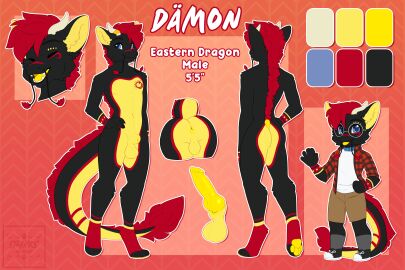 2_horns 4_toes 5_fingers absurd_res animal_genitalia anthro anus ass backsack balls ballsack barbel_(anatomy) big_penis black_body black_fur blue_collar blue_eyes bottomwear canvas_shoes chibi close-up closed_eyes clothed clothing collar color_swatch countershading damon_(damon_derg) dragon eastern_dragon erection eyewear feet fingers flannel front_view fur furred_dragon furred_scalie genitals gesture glasses hair hand_on_hip hi_res horn knot looking_at_viewer male mane model_sheet mohawk mythological_creature mythological_scalie mythology nude open_mouth pawpads penile_spines penis perineum presenting presenting_anus rear_view red_background red_body red_fur red_hair restraints rope round_glasses scalie sheath short shorts simple_background solo sparksreactor tail tail_tuft text toeless_(marking) toes tongue tuft waving y_anus yellow_anus yellow_body yellow_fur yellow_inner_ear yellow_mouth yellow_paws yellow_penis yellow_tongue