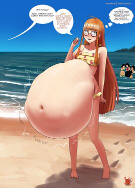 2020 4girls atlus bangs beach belly big_belly bikini blush breasts clothed clothing detailed_background exhibitionism female glasses hiccuping huge_belly large_belly light_skin long_hair metalforever mostly_nude orange_hair outdoors outside persona persona_5 petite sakura_futaba same_size_vore sand slender_legs small_breasts solo_focus speech_bubble straight_hair sweatdrop swimsuit teenager vore water