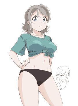 2girls blush breasts brown_hair crop_top curetortellini female grey_hair love_live! love_live!_sunshine!! multiple_females multiple_girls navel pout sakurauchi_riko shirt short_hair stomach thighs tied_shirt watanabe_you