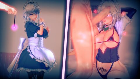 1boy 1girls 3d arms_behind_head big_breasts bikini bikini_bottom bikini_top blue_eyes blush breasts breath breath_cloud censored censored_penis choker clothed clothed_female clothed_female_nude_male dio_mmd disgust disgusted disgusted_expression disgusted_face disgusted_look female heart heart_symbol heart_tattoo hypnosis instant_loss_2koma koikatsu light-skinned_female light-skinned_male light_skin maid maid_headdress maid_uniform male mikumikudance mind_control mmd naked naked_male nude nude_male pendulum penis pink_eyes pubic_tattoo sakuya_izayoi short_hair squatting steam sweat sweatdrop sweating sweaty sweaty_body tattoo touhou white_hair womb womb_tattoo