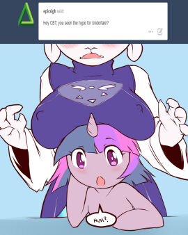 10s 2010s 2015 4:5 anthro big_breasts blush boob_hat boss_monster_(undertale) bovid breasts caprine clothing cold-blooded-twilight crossover duo english_text equid equine female friendship_is_magic fur goat hasbro hi_res horn mammal my_little_pony mythological_creature mythological_equine mythology nipples simple_background text toriel tumblr twilight_sparkle_(mlp) undertale undertale_(series) unicorn white_body white_fur