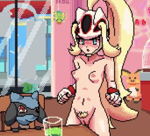 animated blonde_hair breasts bulbasaur corner_masturbation crotch_rub female female_focus froll korrina_(pokemon) masturbation pixel_art pokemon pussy raichu riolu rubbing_pussy small_breasts table_humping