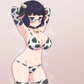 1girls arms_behind_head bell_collar big_breasts bikini blue_eyes blush breasts cleavage collar cow_ears cow_horns cow_print cow_print_armwear cow_print_bikini cow_print_thighhighs cowbell cowboy_shot ear_tag elbow_gloves female glasses headband hi_res megane navel original original_character paid_reward_available posing purple_hair shiny_skin shirogane_hakuba short_hair simple_background solo standing swimsuit thighhighs voluptuous voluptuous_female