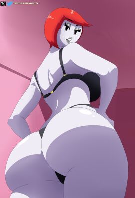 1girls 2d_(artwork) ass ass_focus big_ass bra ellie_rose female goth goth_girl gothic hands_on_hips henry_stickmin_(game) lingerie lipstick looking_back low-angle_view mob_face nobytes_(artist) panties red_hair short_hair solo solo_female tagme thick_thighs