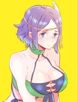 1girls alternate_costume bikini black_hair blue_eyes breasts choker circlet cleavage commentary feather_hair_ornament feathers female female_only fire_emblem fire_emblem_awakening fire_emblem_heroes green_bikini green_choker green_swimsuit hair_ornament halterneck large_breasts looking_at_viewer nintendo noire_(fire_emblem) official_alternate_costume solo summer swimsuit upper_body yellow_background zbrk