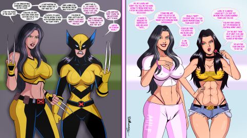 2girls abs ass before_and_after big_breasts bimbofication black_hair brainwashing breasts cameltoe cleavage clone clones dialogue english_text female female_only femsub green_eyes jean_shorts krakoa laura_kinney laura_kinney_(old) leggings lollipop long_hair marvel marvel_comics midriff milf multiple_females multiple_girls multiple_subs open_mouth polmanning pussy smile text tongue wolverine_(x-23) x-23 x-men