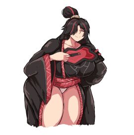 1girls 2025 big_breasts black_hair breasts chinese_clothes closed_eyes exposed_thighs eyes_closed female hair_bun holding_fan holding_object large_breasts limbus_company littleteze project_moon red_highlights solo solo_focus thick_thighs two-tone_hair zigong_(limbus_company)