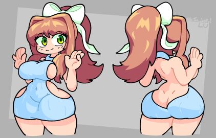 1girls ass back_view behind_view boobs breasts butt doki_doki_literature_club female front_and_back front_view green_eyes long_hair lu_the_lustful monika_(doki_doki_literature_club) sideboob