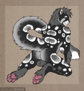 2024 4_toes all_fours anthro arm_tuft ass athletic athletic_anthro athletic_male backsack balls ballsack bedroom_eyes biped black_body black_fur brown_background cheek_tuft clouded_leopard digital_media_(artwork) digitigrade eyebrows facial_tuft fangs feet felid fluffy fluffy_tail fur genitals green_eyes grey_balls grey_body grey_fur grey_mane hi_res hindpaw hybrid inner_ear_fluff kemper lion long_tail looking_at_viewer looking_back looking_back_at_viewer male male_anthro mammal mane markings multicolored_body multicolored_fur narrowed_eyes pantherine pawpads paws perineum pink_nose pink_pawpads pinup pose presenting presenting_balls presenting_hindquarters raised_tail rear_view sabertooth_(anatomy) seductive shoulder_tuft simple_background solo spots spotted_body spotted_fur tail tanutanuki teeth text toes tuft url white_body white_fur