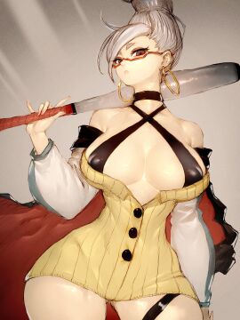 1girls ayase_seiko baseball_bat bat big_breasts braided_hair breasts busty dandadan earring earrings female fumio_(rsqkr) gilf glasses grandmother grey_hair hips huge_breasts large_breasts light-skinned_female light_skin milf nipple_bulge older_female revealing_clothes shounen_jump thick thick_thighs thighs white_hair wide_hips