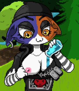 animated anthro breasts clothing clothing_pull digital_media_(artwork) epic_games felid feline female female_only fortnite headgear headwear lepixius levixi liquid mammal meow_skulls_(fortnite) nipples pixel_(artwork) pixel_animation shield_potion shirt shirt_pull solo topwear topwear_pull