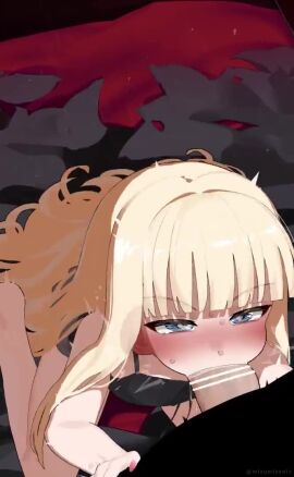 bare_arms bare_legs bare_shoulders bare_thighs barefoot big_penis black_panties blonde_hair blowjob blue_eyes blush blushing_at_partner cum cum_in_mouth cum_inside cum_on_tongue cumflated_belly cumflation deepthroat evangeline_a.k._mcdowell fellatio huge_cock lingerie mizumizuni moaning panties saliva semen semen_in_mouth sitting sloppy_blowjob sound tagme tongue tongue_out video wink