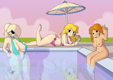 3girls areolae ass bikini black_eyes blonde_hair breasts brown_hair casual casual_nudity cleavage earrings female female_only long_hair looking_at_viewer mario_(series) navel nebularts nintendo nipples nude only_one_naked outside pool princess_daisy princess_peach princess_rosalina sling_bikini smile sunglasses swimsuit tagme thighs umbrella v