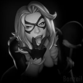 1girls 3d big_breasts black_and_white black_cat_(fortnite) black_cat_(marvel) bonzaibomb breasts cleavage cleavage_cutout felicia_hardy female female_focus female_only fortnite fortnite:_battle_royale light-skinned_female light_skin looking_at_viewer marvel marvel_comics monochrome spider-man_(series) tagme tongue tongue_out white_hair