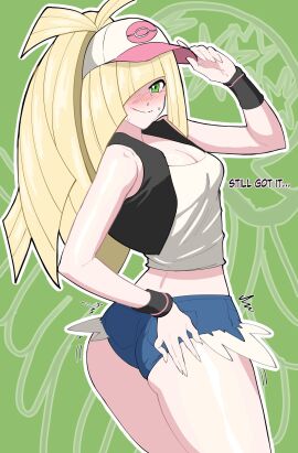 1girls ass big_ass blonde_hair blush booty_shorts breasts clothing cosplay daisy_dukes dialogue female green_eyes hair_over_one_eye hat hilda_(pokemon)_(cosplay) looking_at_viewer looking_back lusamine_(pokemon) milf mother octavius_dp outfit_swap pokemon shirt shorts talking_to_viewer text thick_thighs vest wide_hips
