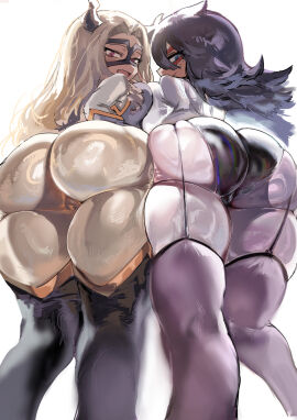 2girls alternate_version_available ass ass_to_ass big_ass big_breasts blonde_hair blue_eyes blush breast_to_breast breasts bubble_ass bubble_butt cameltoe domino_mask eyewear female female_only garter_straps hair hero_outfit_(mha) horns huge_ass huge_breasts legwear long_hair midnight_(my_hero_academia) mount_lady my_hero_academia nemuri_kayama nikuda2929 outfit pink_eyes purple_hair pussy simple_background superhero_costume superheroine thick_thighs thighhighs thighs white_background yuu_takeyama