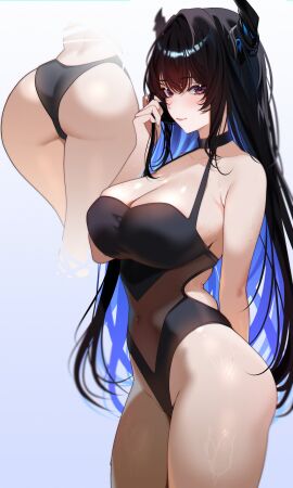 1girls absurdres alternate_costume armpit_crease ass asymmetrical_horns black_hair black_one-piece_swimsuit blunt_bangs blush breasts casual_one-piece_swimsuit cleavage colored_inner_hair commentary covered_navel demon_horns female groin hair_between_eyes halterneck highleg highleg_one-piece_swimsuit highres hololive hololive_english hololive_english_-advent- horns large_breasts lips long_hair looking_at_viewer multicolored_hair multiple_views nerissa_ravencroft one-piece_swimsuit raituna red_eyes see-through_clothes see-through_one-piece_swimsuit simple_background swimsuit thighs twirling_hair two-tone_hair uneven_horns virtual_youtuber