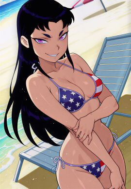 1girls 4k 4k_resolution 8k ai_generated american_flag_bikini bangs beach bikini black_hair blackfire day daytime dc dc_comics female female_focus hi_res high_resolution highres hires hourglass_figure long_hair looking_at_viewer narrow_waist outdoors outside purple_eyes short_bangs smile smiling smiling_at_viewer solo solo_female straight_hair tagme teen_titans upscaled wide_hips