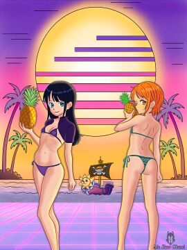 beach bikini black_hair female mr.kurokami mr_kurookami nami_(one_piece) nico_robin one_piece orange_hair small_ass small_breasts small_tits sunset teenage_girl vaporwave younger_female