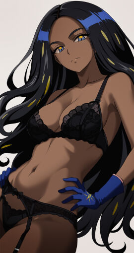 absurdres black_hair blue_eyes breasts cleavage closed_mouth female frown game_freak geeta_(pokemon) hands_on_hips lingerie medium_breasts navel nintendo pokemon pokemon_sv simple_background solo stomach thighs vivivoovoo