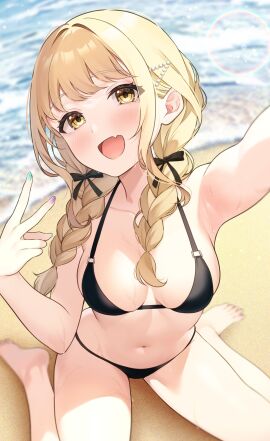 1girls absurd_res absurdres armpits bare_armpits bare_belly bare_calves bare_chest bare_hands bare_hips bare_knees bare_legs bare_midriff bare_navel bare_shoulders bare_soles bare_thighs bare_torso barefoot beach belly belly_button bikini bikini_bottom bikini_only bikini_top black_bikini black_bikini_bottom black_bikini_only black_bikini_top black_hair_ribbon black_ribbon black_string_bikini black_swimsuit black_swimwear blonde-haired_female blonde_eyebrows blonde_female blonde_hair blue_fingernails blue_nail blue_nail_polish blush blush_lines blushing_female braid braided_hair braided_twintails breasts cleavage coast collarbone cute_fang dot_nose elbows exposed exposed_armpits exposed_arms exposed_belly exposed_feet exposed_heels exposed_legs exposed_midriff exposed_shoulders exposed_thighs exposed_toes exposed_torso eyebrows_visible_through_hair feet female female_focus female_only fingernails fingers fujita_kotone full_body gakuen_idolmaster groin hair_ornament hair_ornaments hair_ribbon hairpin half_naked happy haru_(re_ilust) head_tilt high_resolution highres hourglass_figure idolmaster knees legs light-skinned_female light_skin long_hair looking_at_viewer medium_breasts nail nail_polish naked naked_female navel nude nude_female ocean oerba_yun_fang open_mouth open_mouth_smile outdoors outside parted_lips peace_sign posing posing_for_picture purple_fingernails purple_nail purple_nail_polish pussy ribbon sand sea seaside selfie shoulders sitting sitting_on_ass sitting_on_floor sitting_on_ground sitting_on_knees slender_body slender_waist slim_female slim_waist smile smiling_at_viewer solo string_bikini swimsuit swimwear thick_thighs thighs thin_waist tilted_head toes tongue twin_braids v v-line v_sign wide_hips yellow-eyed_female yellow_eyes