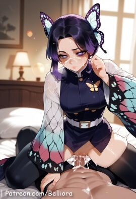 1boy 1girls ai_generated arms_at_sides ass_visible_through_thighs belliora belt belt_buckle black_hair breasts buttons closed_mouth cum cum_in_pussy cum_inside cum_on_face demon_slayer east_asian_architecture female female_on_cloth female_on_top forehead full_body gradient_hair groin hair_ornament haori indoors kimetsu_no_yaiba kochou_shinobu large_breasts lips long_sleeves looking_at_viewer male multicolored_hair parted_lips penis penis_in_pussy purple_eyes purple_hair pussy rooftop sandals sheath short_hair solo sword thigh_gap thighs thong white_belt wide_sleeves zouri