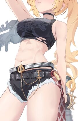 1girls arm_up baseball_bat belt black_belt black_choker black_jacket black_shirt black_shorts blonde_hair booty_shorts brass_knuckles breasts choker closed_mouth clothed commentary crop_top cropped_shirt cutoffs female head_out_of_frame holding holding_baseball_bat holding_jacket holding_unworn_clothes jacket jaihu long_hair luciana_de_montefio medium_breasts metal_baseball_bat micro_shorts midriff navel ponytail shirt short_shorts shorts side_ponytail simple_background sleeveless sleeveless_shirt solo unworn_jacket weapon white_background zenless_zone_zero