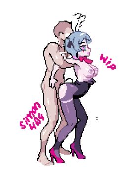 1boy 1girls alternate_hairstyle ambiguous_penetration anonymous_male artist_name ass blue_eyes blue_hair bow bowtie breasts breasts_out bunny_ears bunny_tail bunnysuit clothed_female_nude_male clothed_sex clothing dithering eyeless_male faceless_male fake_animal_ears female from_behind_position hair_ornament hatsune_miku high_heels light-skinned_female light_skin male medium_breasts multicolored_hair nipples pale-skinned_female pale_skin pantyhose pink_background pixel_art purple_hair rabbit_ears rabbit_hole_(vocaloid) red_bowtie ripped_pantyhose rough_sex sex short_hair sim0n404 small_breasts strapless strapless_leotard tagme thigh_strap thrusting torn_clothes torn_pantyhose vocaloid watermark white_background wip x_hair_ornament