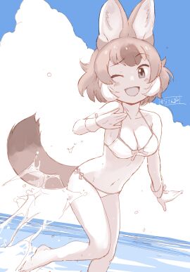 ;d animal_ear_fluff animal_ears bare_legs bare_shoulders barefoot bikini bikini_bottom bikini_top blue_sky breasts clothing cloud dhole_(kemono_friends) dog_ears dog_girl dog_tail feet female female_only front-tie_bikini_top front-tie_top gloves high_resolution kemono_friends legs looking_at_viewer masuyama_ryou medium_breasts multi_ear multicolored_hair navel one_eye_closed open_mouth short_hair side-tie_bikini_bottom side-tie_clothing side-tie_swimsuit sketch sky smile solo solo_female splashing spot_color swimsuit tail water wink