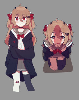 1boy 1girls bandaid bow bows brown_hair choker evil_neuro female female_focus hair_ornament hair_ribbon heart horns imminent_fellatio indie_virtual_youtuber indie_vtuber light-skinned_female light_skin male otjareniy penis penis_awe penis_shadow pov red_eyes skirt skull_hair_ornament twitch vedal_ai virtual_youtuber vtuber