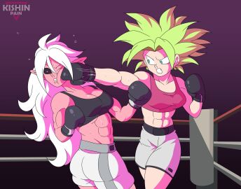 2girls abs android_21 android_21_(evil) athletic athletic_female belly_button black_sclera blue_eyes boxing boxing_gloves boxing_match boxing_ring boxing_shorts breasts dragon_ball dragon_ball_fighterz dragon_ball_super dragon_ball_z female female_only fit fit_female fusion kefla kefla_(dragon_ball) kishinpain long_hair majin_android_21 medium_breasts multiple_females multiple_girls muscular muscular_arms muscular_female navel pointy_ears punch punching red_eyes ryona six_pack spiked_bracelet spiky_hair sports_bra sports_shorts super_saiyan sweat