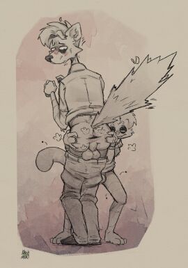 animal_genitalia anthro anus ass ass_grab backsack balls ballsack barely_visible_genitalia barely_visible_sheath bedroom_eyes blush bottomwear bottomwear_down butt_grab clothed clothing crouching duo embarrassed erect_tail genitals gobcorp gulonine hand_on_another's_butt hand_on_ass hand_on_butt looking_at_viewer looking_back male male/male mammal marten marten_(gobcorp) mink mustelid musteline narrowed_eyes naughty_face ollie_mir_(gobcorp) pants pants_down partially_clothed pine_marten presenting presenting_anus presenting_partner restricted_palette seductive sheath simple_background smile smiling_at_viewer smirk smirking_at_viewer smug_face spread_anus spread_ass spread_butt spreading spreading_partner standing true_musteline worried worried_look