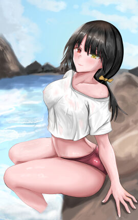 2d 2d_(artwork) ass black_hair breasts clothed date_a_live female female_only heterochromia light-skinned_female light_skin looking_at_viewer nipple_bulge nipples_visible_through_clothing red_eyes sea short_hair shorts sitting solo solo_female solo_focus thighs tokisaki_kurumi wet_clothes