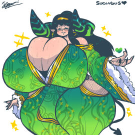 1girls big_breasts breasts cleavage cleavage_dress cleavage_focus cleavage_overflow female female_only gigantic_breasts glasses green_dress green_eyes green_hair horns huge_breasts nira_(shuraspark) shuraspark sparkshine succubus succubus_horns thick_thighs wide_hips