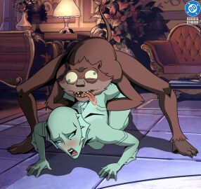 1girls accurate_art_style bedroom bending_forward bending_over bent_over big_ass blush bubble_butt creature_commandos curvy dc dc_comics dcau dcu doggy_style dugg_dig fish fucked_silly gills green_skin holding implied_sex interspecies nina_mazursky nude nude_female on_floor on_knees pinup scales tongue_out weasel_(dc)