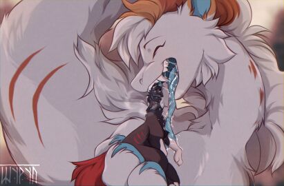 absurd_res anthro arbuz black_body black_fur black_hair bodily_fluids brown_body brown_fur brown_hair canid canine claws digital_media_(artwork) dragon duo ears_down ears_up eastern_dragon female fluffy fluffy_tail fox fur furred_dragon furred_scalie genital_fluids genitals hair happy hi_res inevitable_vore kalay_(shyryp) male male/female mammal mythological_creature mythological_scalie mythology neck_tuft nude open_mouth pawpads paws pivoted_ears saliva scalie shyryp size_difference smile tail teeth tongue tongue_out tuft vore white_body white_fur white_hair willing_prey