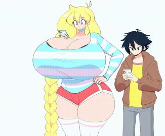 1boy 1girls 2d 2d_animation accident accidental_expansion animated artist_name ass big_ass big_breasts big_butt blonde_hair blue_hair blush blush_lines breast_expansion breast_growth breast_growth_(enlargement) breasts breasts_bigger_than_head breasts_bigger_than_torso breasts_out breasts_out_of_clothes cassie_(theycallhimcake) checking_phone choker cleavage_cutout cleavage_overflow compression_tools female giant_breasts gif hammerspace huge_breasts hyper hyper_breasts instagram_cat_memes long_hair long_sleeves male nipples_covered no_penetration no_sound original_character pasties purple_eyes shirt shorter_male shorts skindentation small_waist surprised tagme taller_female theycallhimcake thick_thighs thighhighs thighs tight_clothing wardrobe_malfunction wide_hips