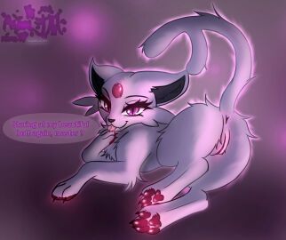 anus ass astralia_(art) claws dialogue eeveelution espeon female feral fluffy forehead_gem fur gem generation_2_pokemon genitals hi_res licking looking_at_viewer nintendo pawpads paws pink_body pink_fur pokemon pokemon_(species) pussy rear_view self_lick simple_background solo speech_bubble tail teasing text tongue tongue_out vulva watermark