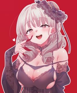 :d azur_lane bare_shoulders black_choker black_dress blood_on_face blood_on_hands blush breasts cg choker cleavage detached_sleeves dress drill_hair female fingernails grey_hair hand_up hat heart heart-shaped_pupils lace_trim large_breasts long_fingernails long_hair long_sleeves looking_at_viewer lutzow_(azur_lane) lützow_(azur_lane) medium_hair official_art open_mouth red_background sharp_fingernails simple_background smile solo symbol-shaped_pupils teeth tilted_headwear upper_body upper_teeth_only yandere