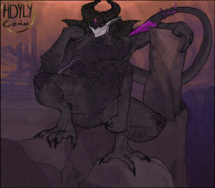 4_arms 4_pecs 6_eyes animal_genitalia artist_logo artist_name big_muscles black_body claws corinoch demon demon_humanoid digital_media_(artwork) digitigrade finger_claws genital_slit genitals grey_body grin hdyly hell hi_res horn horned_humanoid humanoid logo long_ears looking_at_viewer male multi_arm multi_eye multi_limb multi_pec muscles muscular muscular_male nude nude_male pecs prehensile_tail purple_eyes raised_tail scales signature skin smile solo spike_tail spikes tail toe_claws weapon_tail white_face