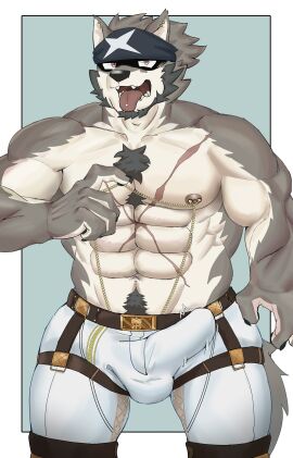 another_eidos_of_dragon_vein_r anthro armpit_focus armpit_hair ateeesta_92 bandanna_on_forehead belt bodily_fluids body_hair bottomwear bulge canid canine canis chains chest_hair clothing fullhouse_(another_eidos) gold_(metal) gold_chain happy_trail hi_res male male_only mammal muscular muscular_male nipple_piercing nipples pants penis penis_outline piercing raised_arms red_eyes scar solo solo_male sweat tenting wolf