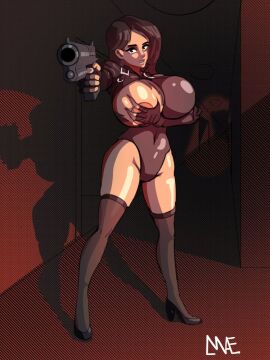 1girls areola_slip areolae black_eyes black_hair breasts covered_navel covering_breasts female female_only full_body groin gun halterneck haydee haydee_(game) haydee_2 high_heels highleg highleg_leotard indoors kay_davia leotard light-skinned_female light_skin long_hair looking_at_viewer maegems_crown mature_female navel popped_collar skin_tight solo solo_female standing thick_thighs torn_clothes weapon