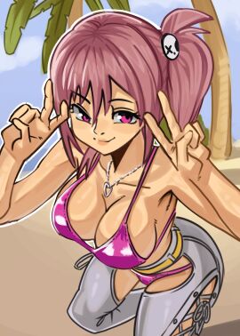 1girls asian asian_female beach belt big_breasts bikini blush breasts chaps cleavage collarbone commission dead_or_alive dead_or_alive_xtreme_venus_vacation denim eyes_half_open female hair_ornament heart_belt_buckle heart_necklace highres honoka_(doa) large_breasts moxydraws moxydrawsmore necklace palm_tree pink_hair purple_bikini purple_swimsuit sand second-party_source side-tie_pants side_ponytail skull_hair_ornament sky smile solo swimsuit thick_thighs v_sign white_outline wide_hips yellow_belt