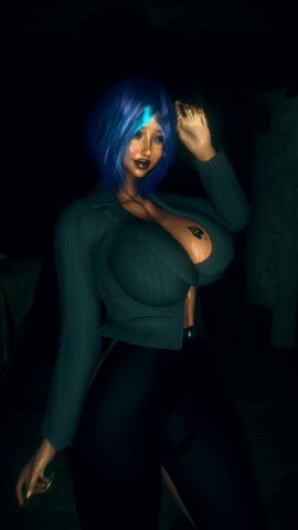 1futa 1girls 3d 4k big_breasts big_lips black_lipstick blue_eyes blue_hair breasts breasts_bigger_than_head bridge_piercing brown_body brown_skin bulge bulge_through_clothing business_suit business_woman chromatic_aberration crashbanditkut dark-skinned_female dark-skinned_futa dark_skin eyeliner female female_focus futanari glowing_eyes gold_piercing golden_piercing hair hi_res high_resolution highres house intersex lips lipstick long_nails looking_at_viewer makeup mature mature_female mature_futa medium_hair nail_polish nails nose_piercing original original_character pants penis penis_bulge piercing qos qos_tattoo queen_of_spades queen_of_spades_symbol queen_of_spades_tattoo ring_piercing septum_ring shirt short_hair smile smiling smiling_at_viewer solo solo_futa spade_tattoo virt-a-mate virtamate wet wet_skin