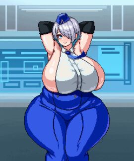 1girls 5:6 animated animated_gif aqua_hair armpits arms_up backless_outfit bare_shoulders black_gloves blue_skirt blush bouncing_breasts breasts brid_(nikke) dancing elbow_gloves female gif goddess_of_victory:_nikke green_hair grey_hair hair_over_one_eye hat huge_breasts long_skirt looking_at_viewer mole mole_on_breast necktie phut_hon pixel_art short_hair sleeveless smile solo solo_female thick_thighs vertical_video voluptuous wet_tea white_shirt