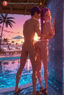 2girls ass breasts cloud fingerhotpepper jewelry looking_at_viewer looking_back multiple_girls nipples nude palm_tree pool purple_eyes purple_hair sky standing sunset tree water