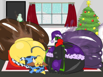 anthro ass big_ass big_bulge blush bulge christmas christmas_outfit christmas_tree eli_the_enderman_(deelikedeez) gaping_anus hyper hyper_scat kneeling leaking_precum living_room male male/male pseudo_scat robloxian scat shiniri_(deelikedeez) snowing_outside snowman soiling soiling_clothing steamy_ass unknown_artist